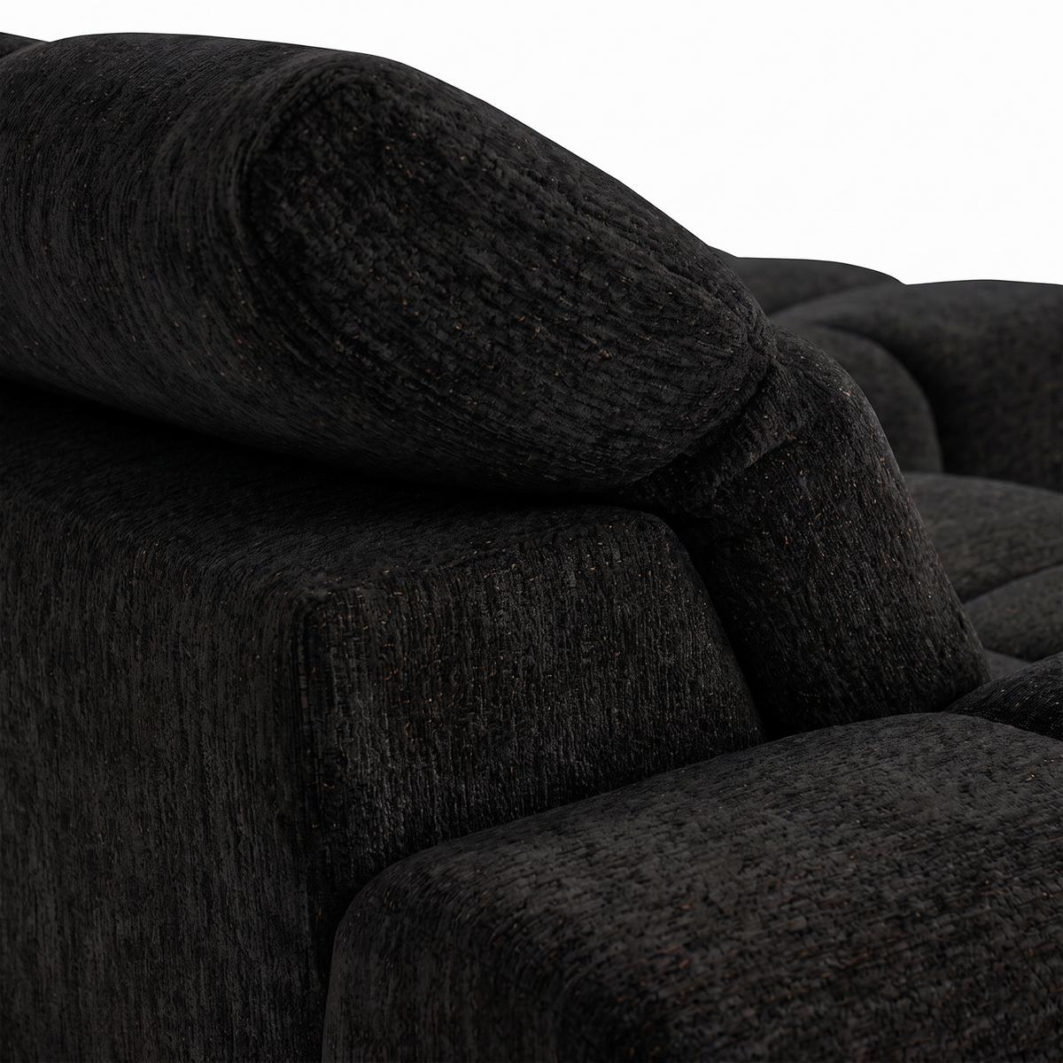 ECKSOFA Marco Mini mit elektrisch ausfahrbarem Sitz und verstellbaren Kopfstützen, Rechts, Chenille-Stoff, Schwarz - Schwarz, Textil (275/182cm) - Beautysofa