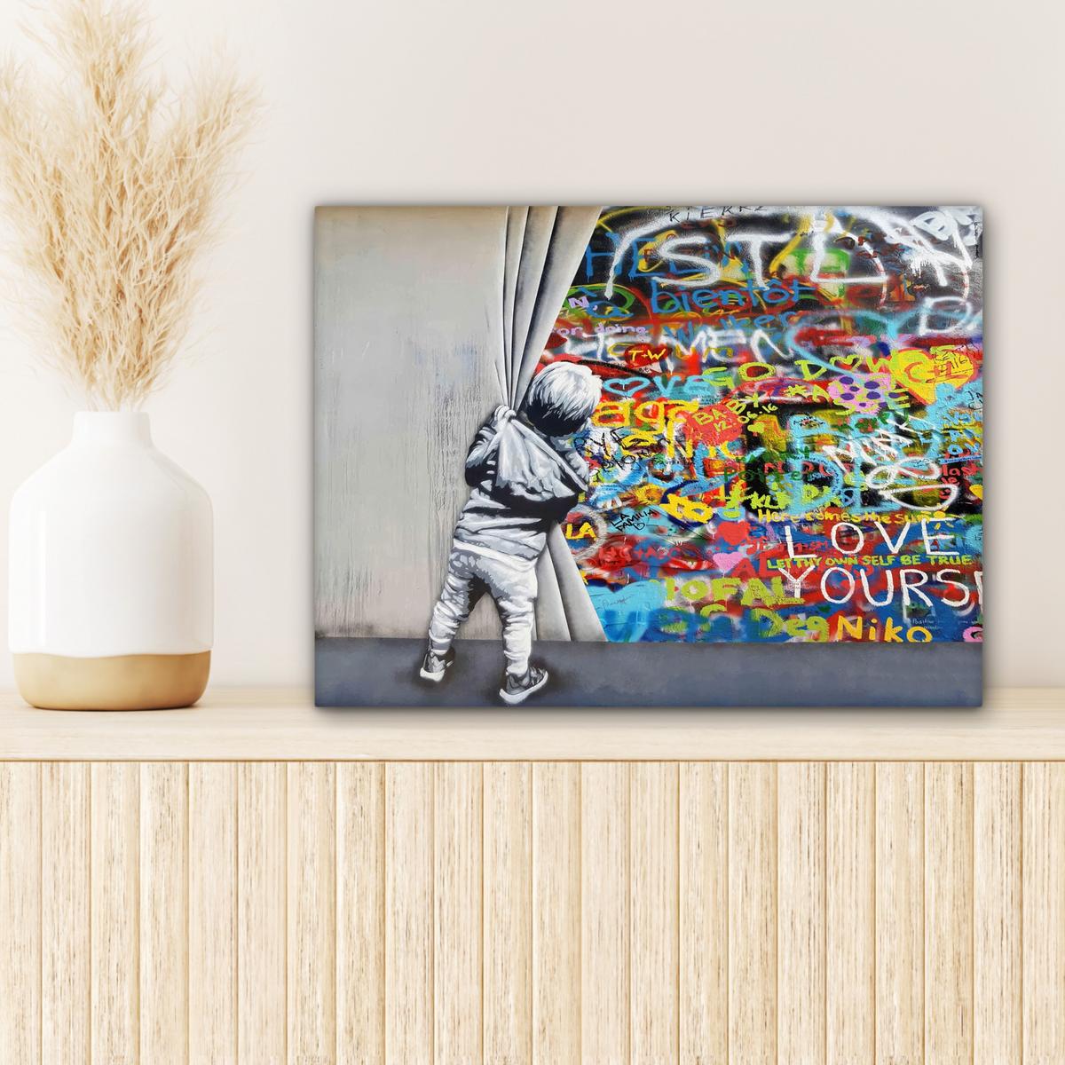LEINWANDBILD Graffiti - Junge - Ilussie - Straßenkunst Wandbild 40x30 cm - Hellgrau, Textil (40/30cm) - MuchoWow