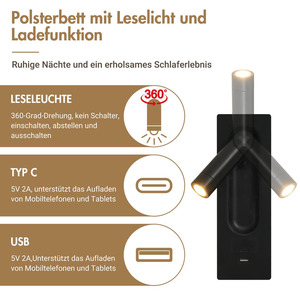 POLSTERBETT 160x200 mit Stauraum LED Nachttische USB Leinen - Grau, Textil (160/200cm) - Urban Meuble