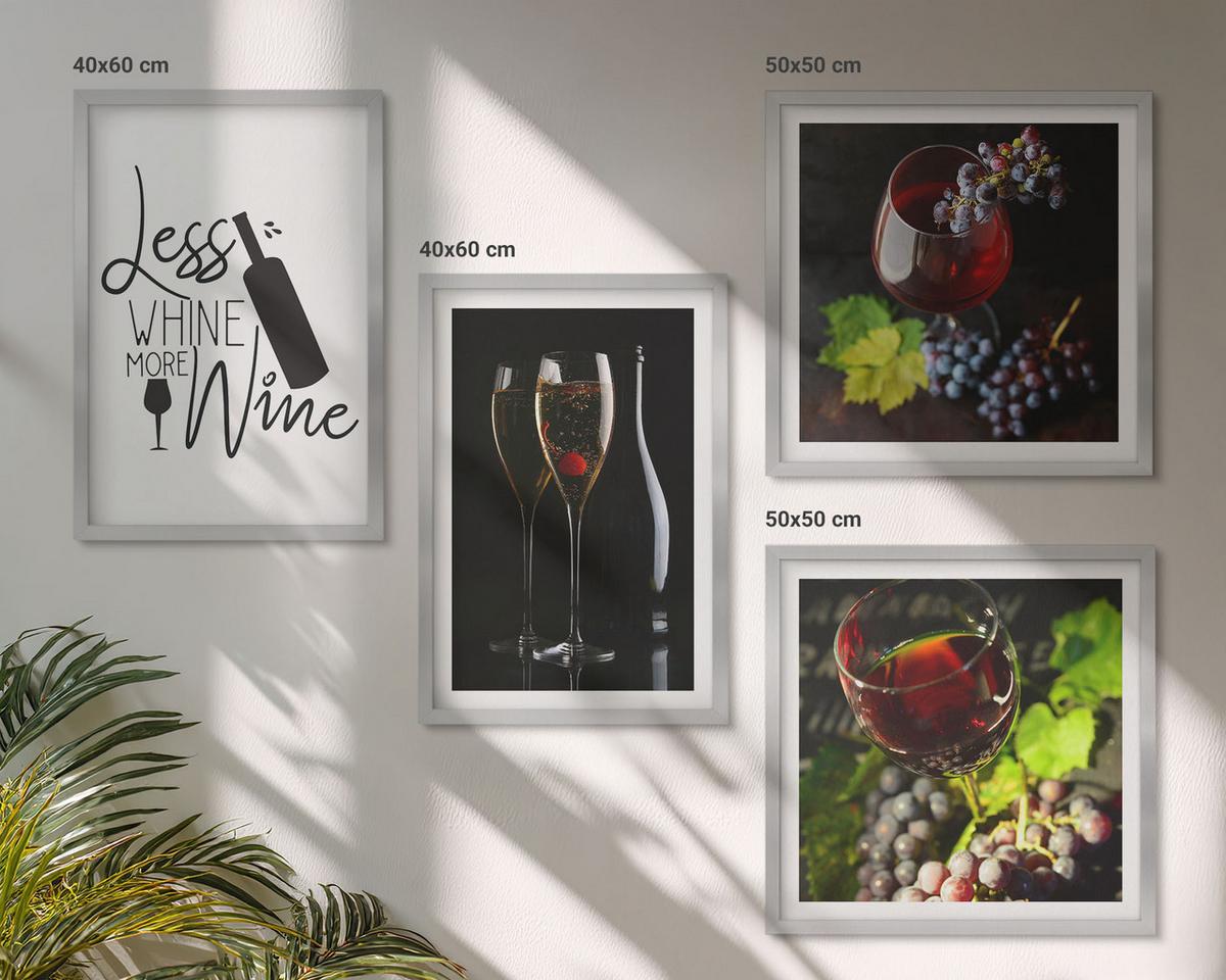 BILDER SET 4er Set - 50x50 cm & 40x60 cm Silberner Rahmen - Weingläser mit Trauben und Inschrift - Silberfarben, Kunststoff (50/50cm) - TULUP