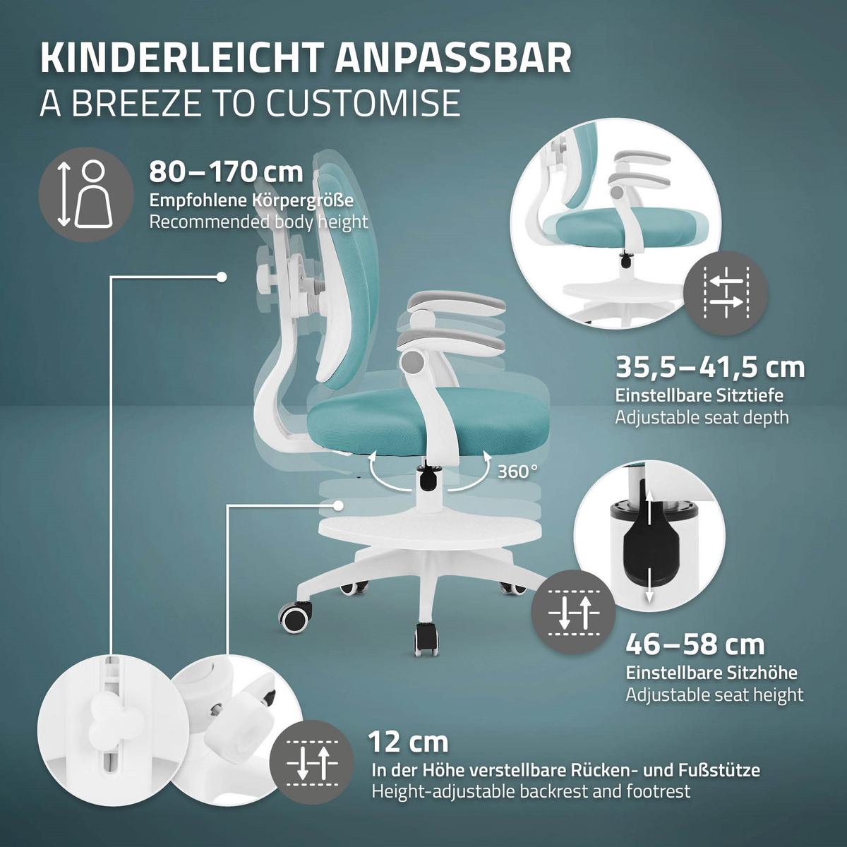 KINDERSCHREIBTISCHSTUHL Petrol 95-107 cm aus Polyester - Petrol/Weiß, Kunststoff/Textil (53/107/53cm) - ML-DESIGN