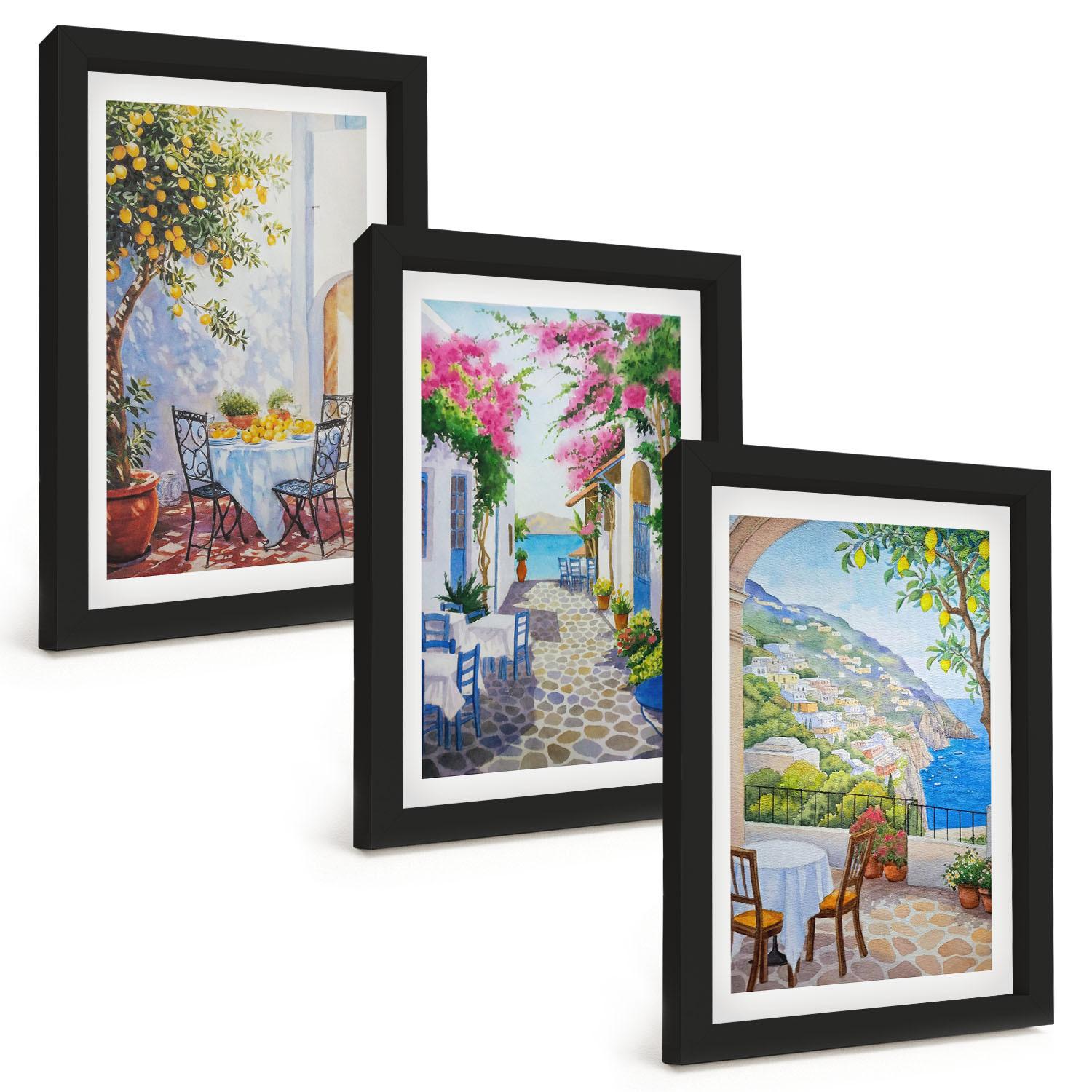 BILDER SET 3er Set - 20x30 cm Schwarzer Rahmen - Charmante Straßen, Pflanzen, Meer - Schwarz, Kunststoff (20/30cm) - TULUP