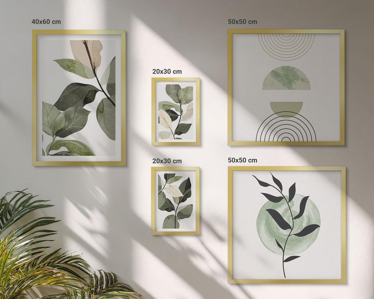 BILDER SET 5er Set - 50x50 cm & 20x30 cm & 40x60 cm Goldrahmen - Abstrakte Darstellung gemalter Blätter - Goldfarben, Kunststoff (40/60cm) - TULUP