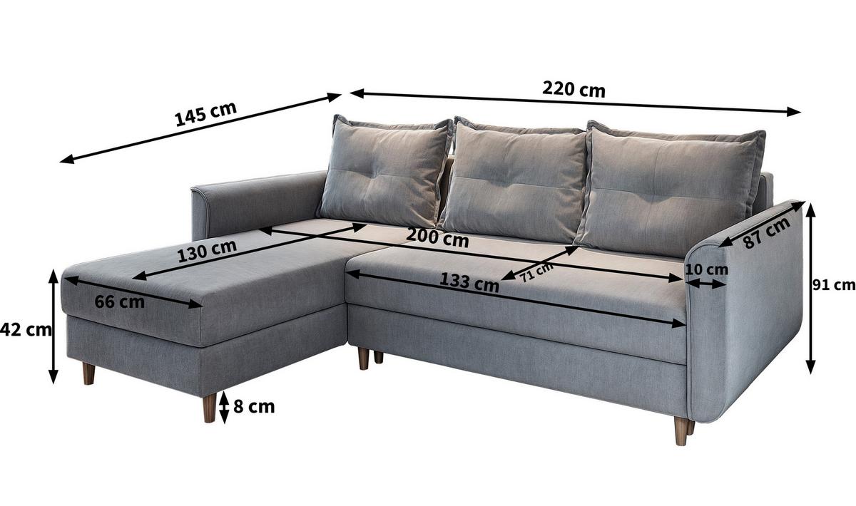 ECKSOFA PISAN R-S Hellgrau Plüsch-Stoff mit Schlaffunktion - Hellgrau/Braun, Holz/Textil (220/140cm) - MASSENO