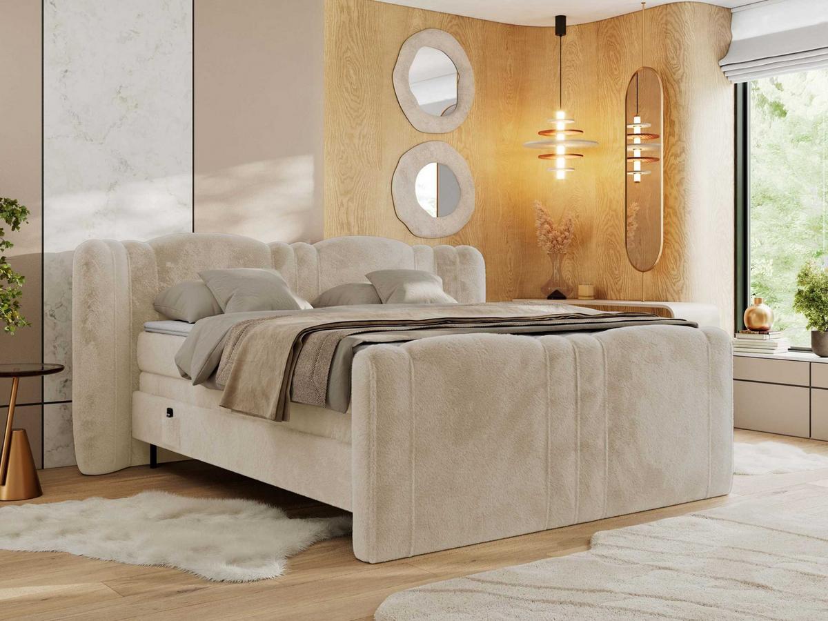 BOXSPRINGBETT FORTINA 180/200 - Creme Plüsch - Topper T25 - H3 - Creme/Schwarz, Textil/Metall (180/200cm) - MKS