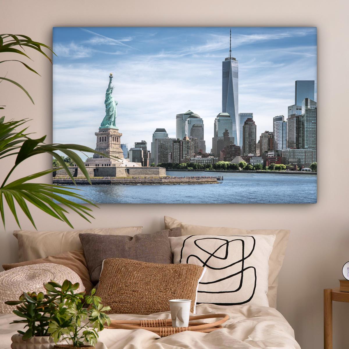 LEINWANDBILD New York - Freiheitsstatue - Wasser Groß 140x90 cm - Hellblau, Textil (140/90cm) - MuchoWow