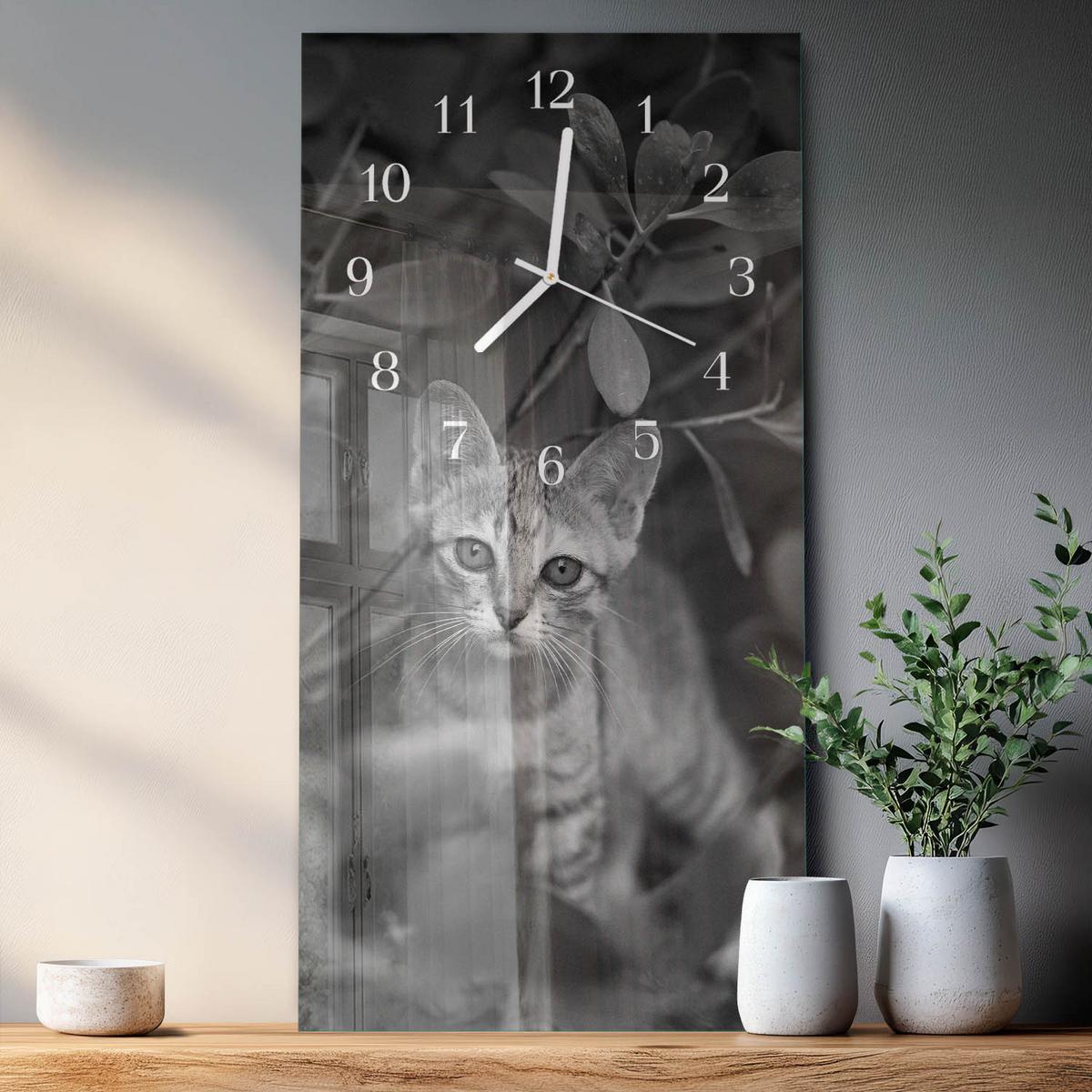 WANDUHR aus Glas 30x60 cm - Katze - Grau, Glas (30/60/0.4cm) - TULUP