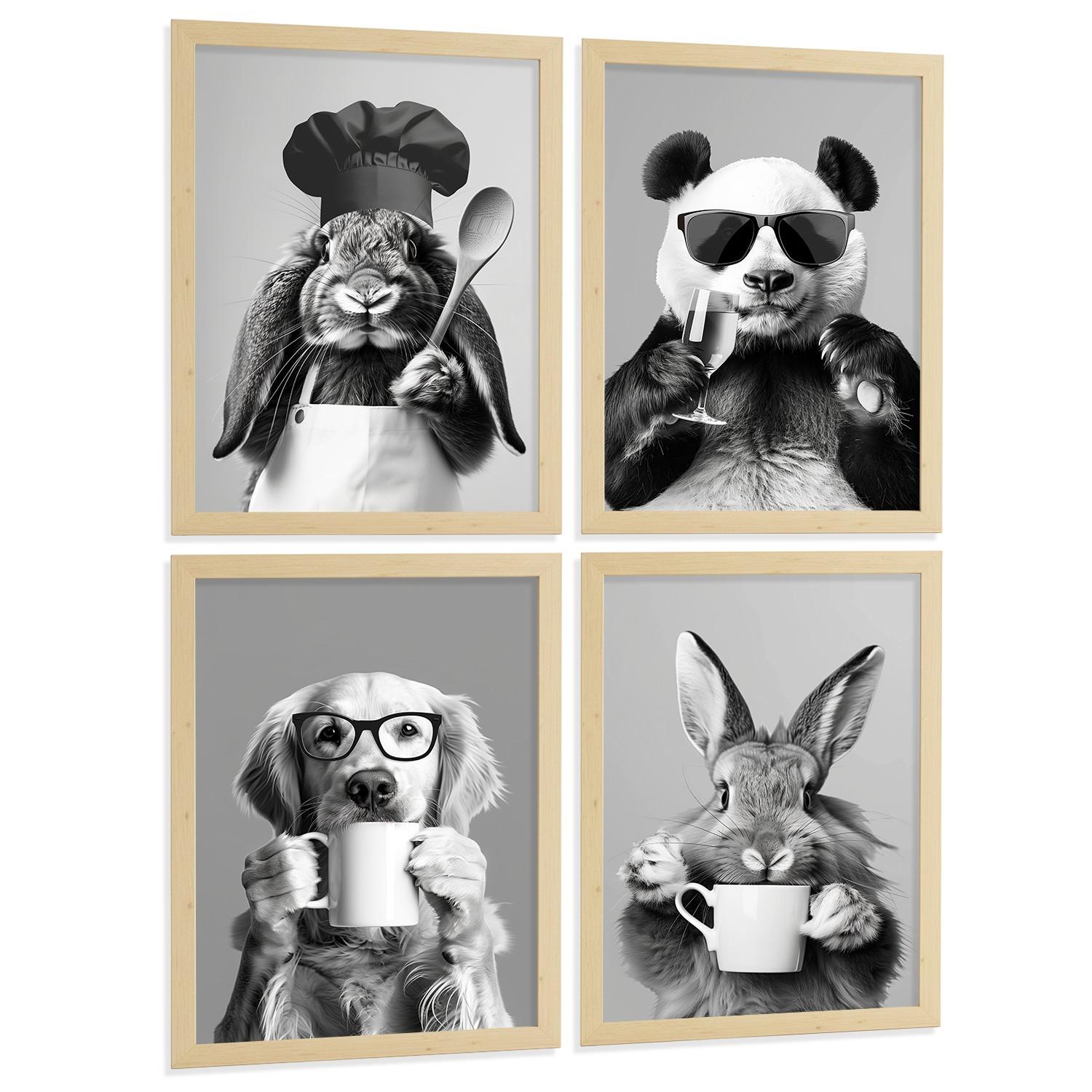 POSTER 4er Set Lustige Tiere Schwarz Weiß Wandbilder Hase Panda Golden Retriever Koch Küche Deko Leichter Holzrahmen A3 - Beige, Papier (29.7/1/42cm) - Nacnic
