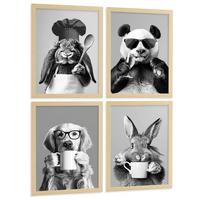 POSTER 4er Set Lustige Tiere Schwarz Weiß Wandbilder Hase Panda Golden Retriever Koch Küche Deko Leichter Holzrahmen A3 - Beige, Papier (29.7/1/42cm) - Nacnic