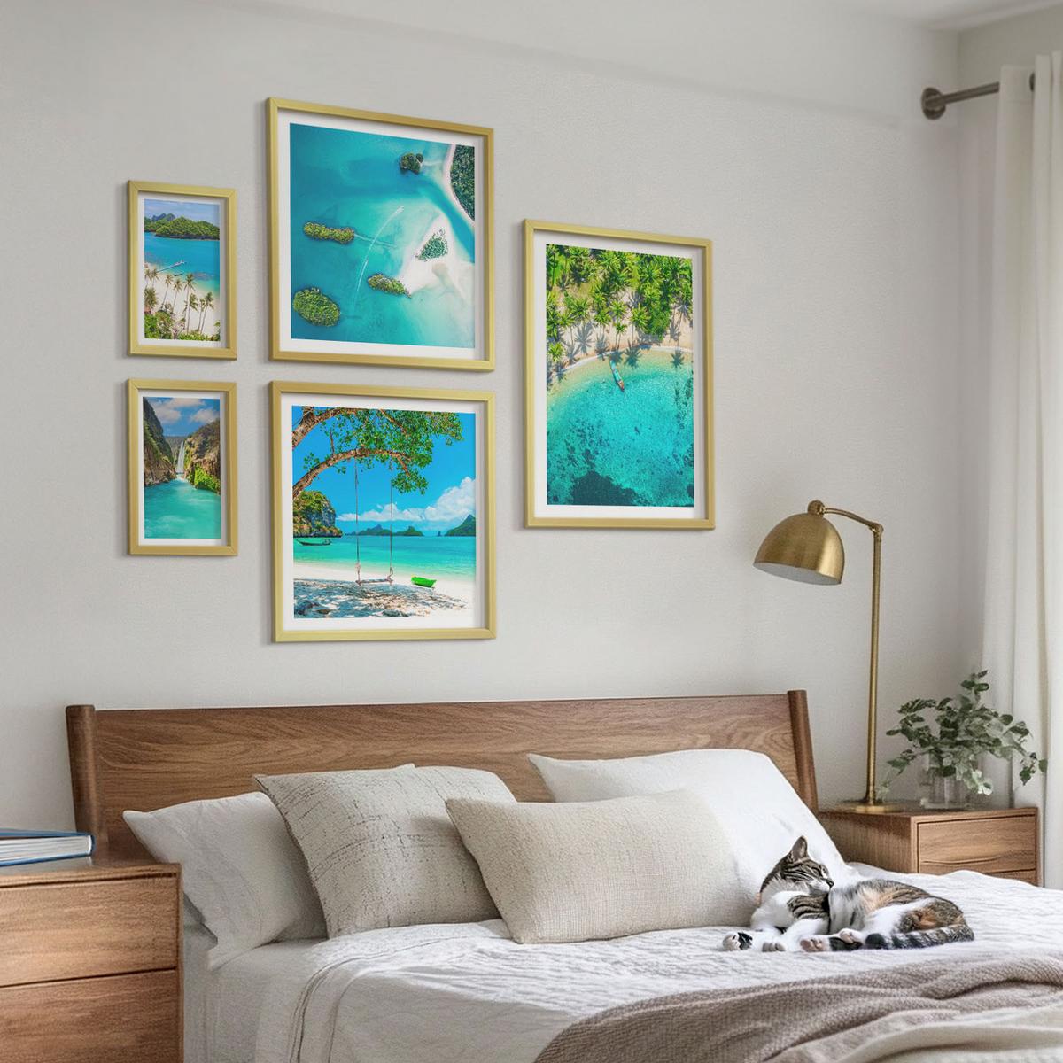 BILDER SET 5er Set - 50x50 cm & 20x30 cm & 40x60 cm Goldrahmen - Strände, Palmen, kristallklares Wasser - Goldfarben, Kunststoff (40/60cm) - TULUP