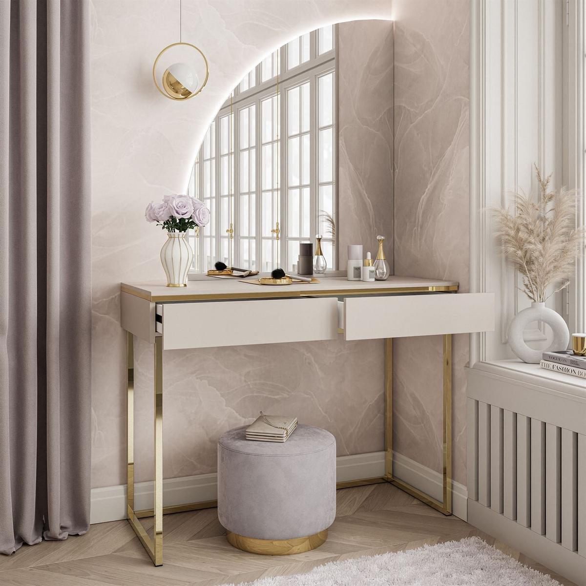 SCHMINKTISCH AURORA-Q GOLD auf goldenem Gestell mit links Spiegel - Kaschmir/Goldfarben, Holzwerkstoff/Metall (102/174/44cm) - Lookway