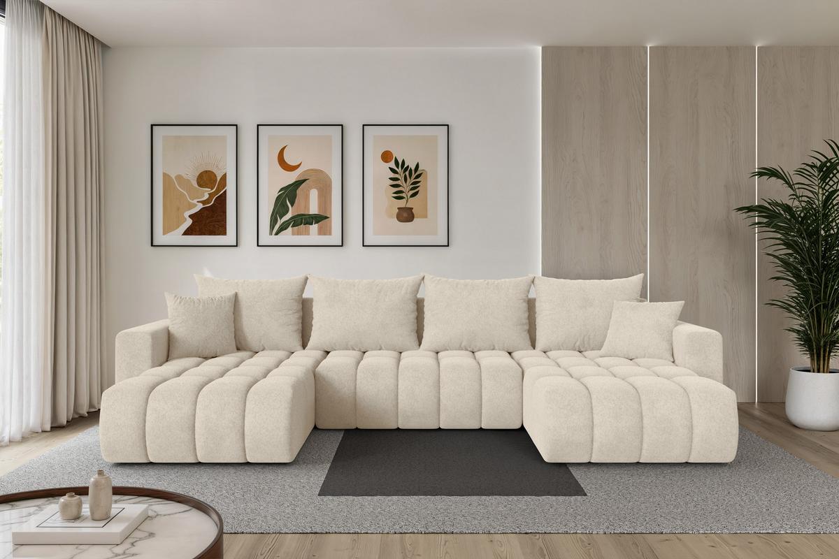 WOHNLANDSCHAFT mit Schlaffunktion und Bettkasten MILA-U-v1 378x194x86 Creme Velours - Creme/Schwarz, Holzwerkstoff/Kunststoff (378/86/194cm) - ALTDECOR