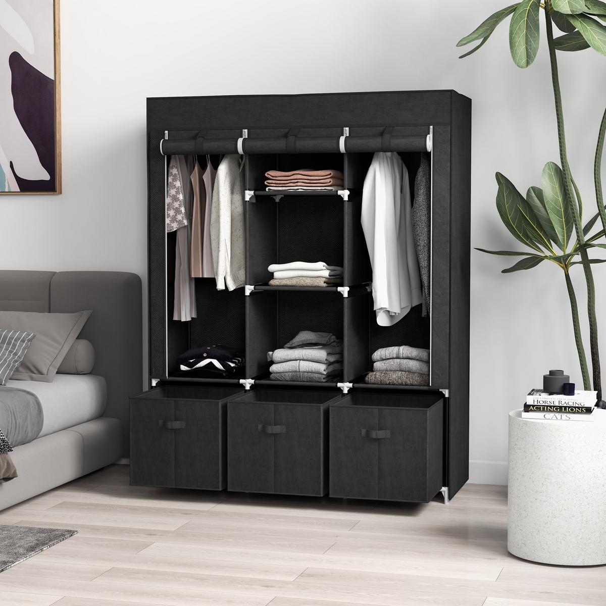 STOFFSCHRANK, Kleiderschrank, Faltschrank mit Reißverschluss, Faltbare Garderobe - Schwarz, Kunststoff/Textil (43/162.5/125cm) - HOMCOM