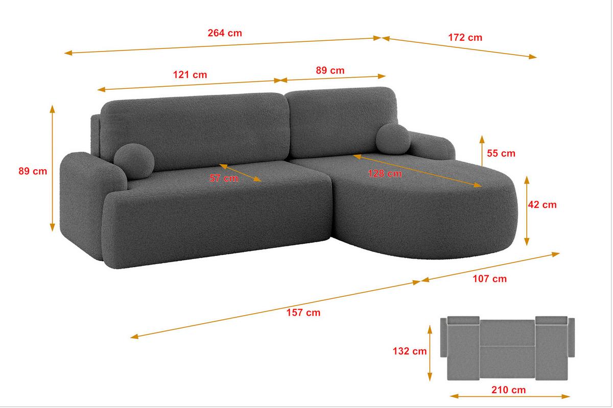 ECKSOFA mit Schlaffunktion und Bettkasten LIRA-L - 264x172x89 Grau - Grau, Holzwerkstoff/Textil (172/264cm) - ALTDECOR