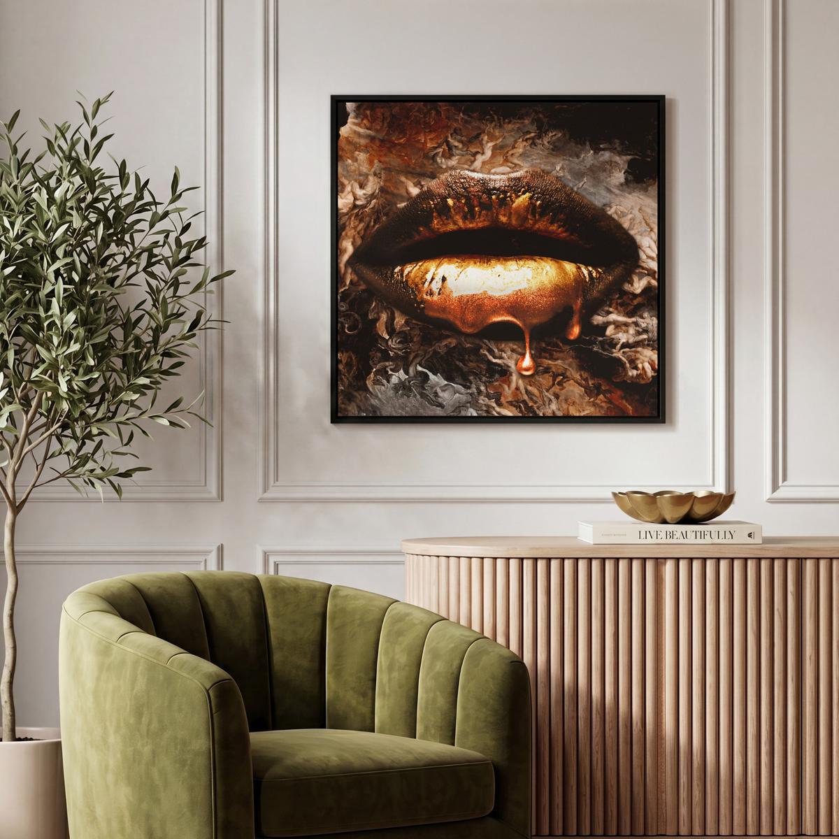 LEINWAND Bilder mit Rahmen - Gold - Lippen - Kunst - Gold - Luxus - Abstrakt - 50x50 - Kupferfarben, Textil (50/50cm) - MuchoWow