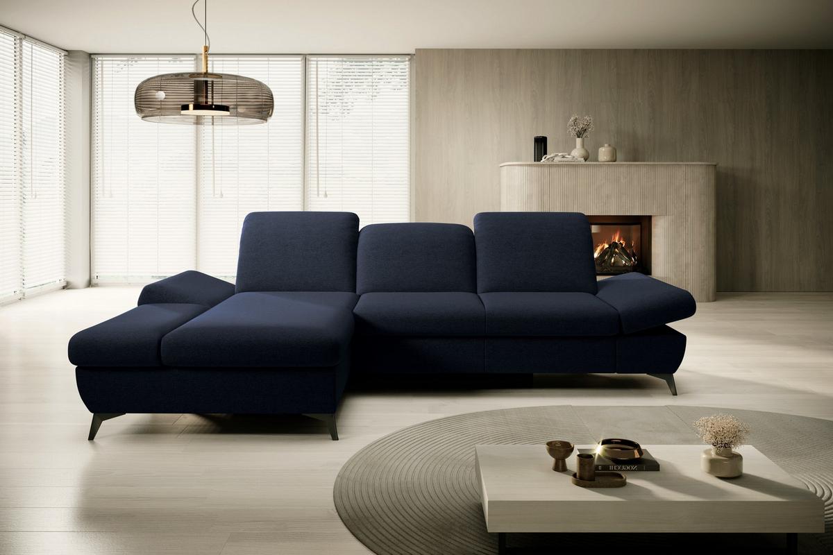 ECKSOFA FELICE L-S Dunkelblau Geflochtener Stoff mit Schlaffunktion - Dunkelblau, Holz (284/166cm) - MASSENO