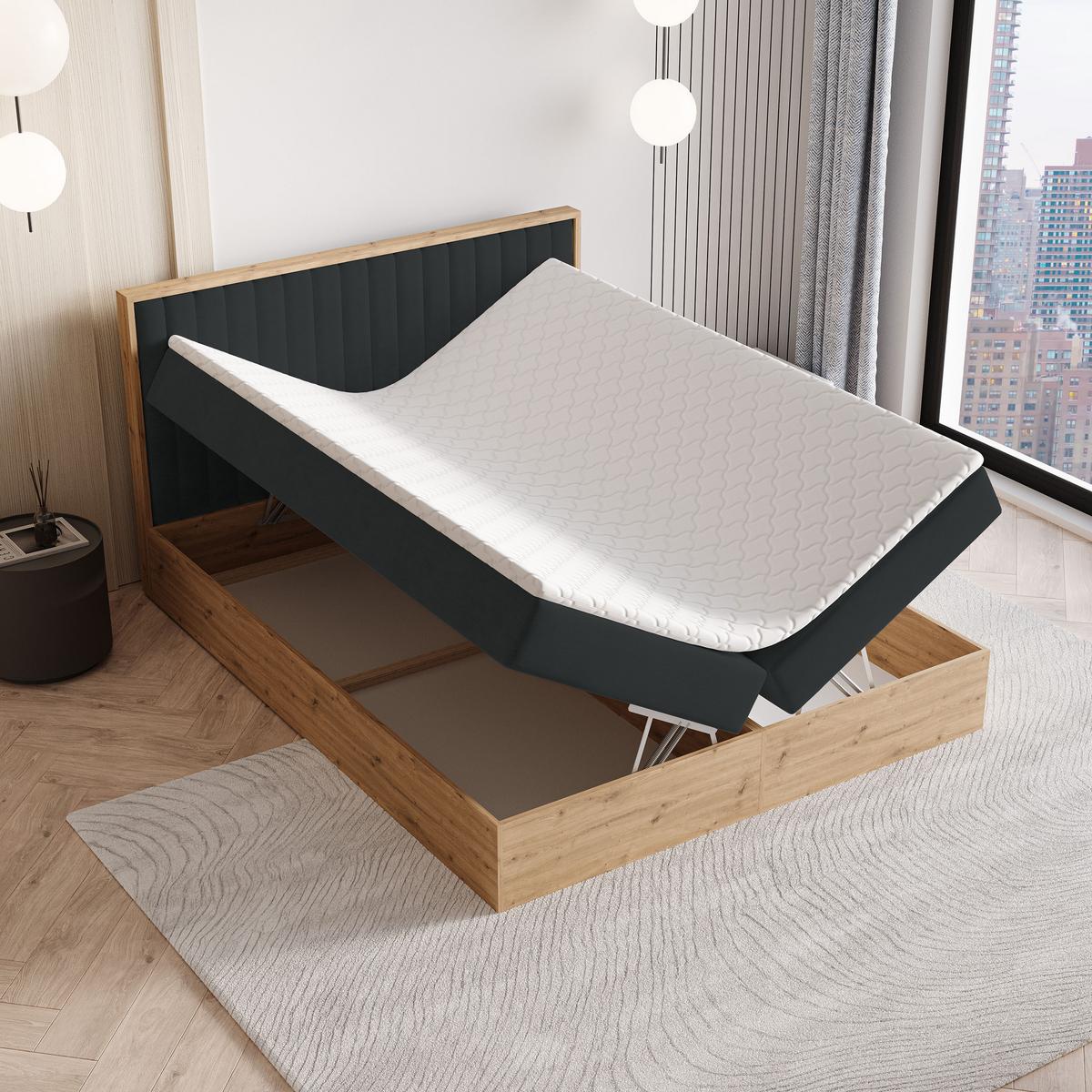BOXBETT VARELI 140x200 cm mit Matratze und Topper - Schwarz - Schwarz, Holz (140/200cm) - MASSENO