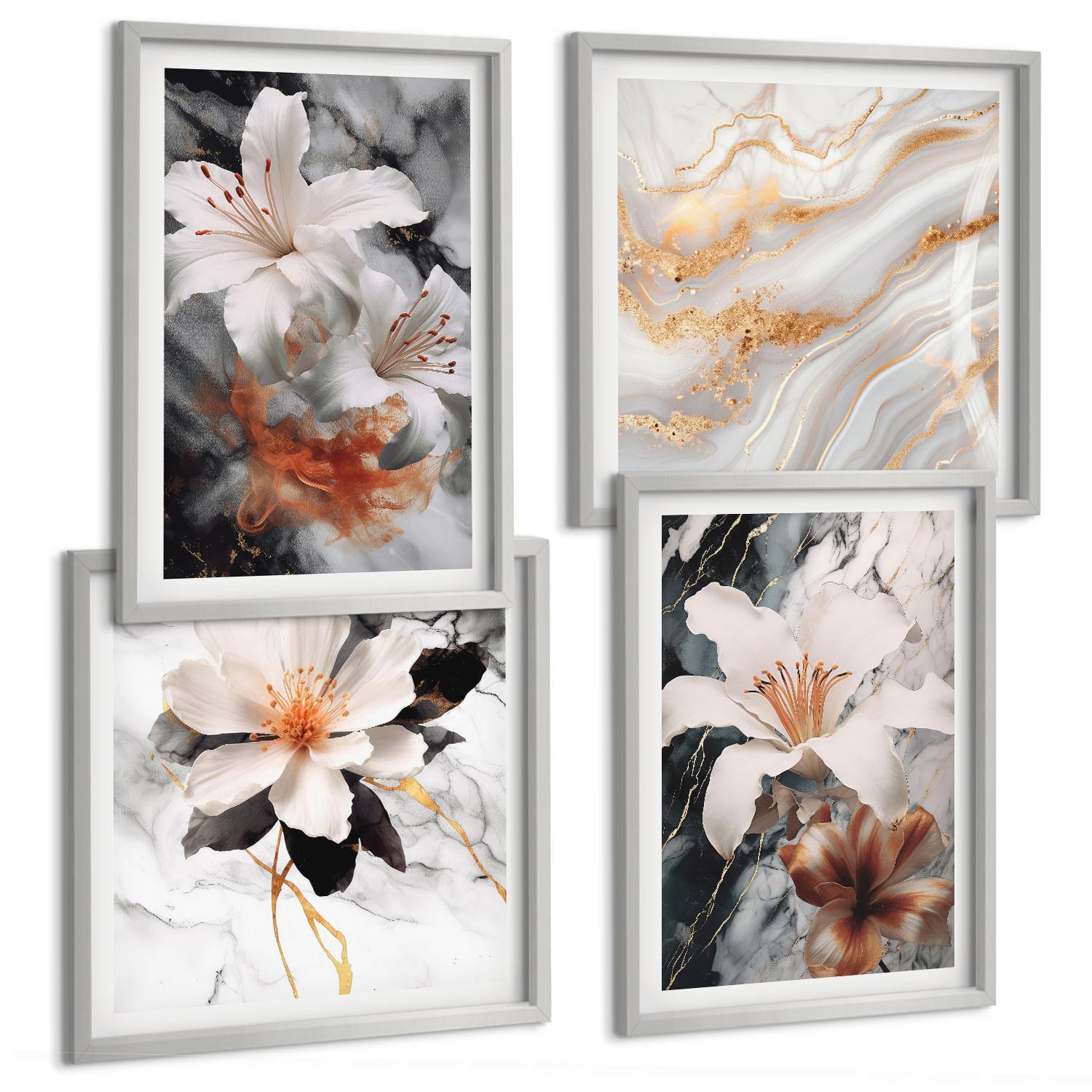 BILDER SET 4er Set - 50x50 cm & 40x60 cm Silberner Rahmen - Blumen Marmor weiß schwarz - Silberfarben, Kunststoff (50/50cm) - TULUP