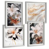 BILDER SET 4er Set - 50x50 cm & 40x60 cm Silberner Rahmen - Blumen Marmor weiß schwarz - Silberfarben, Kunststoff (50/50cm) - TULUP