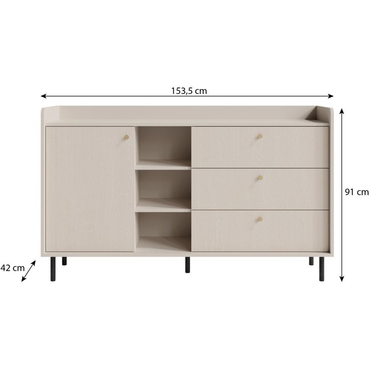 KOMMODE Gloria mit 3 Schubalden und offenen Regalen - Beige/Schwarz, Holzwerkstoff/Metall (153/91/42cm) - Beautysofa