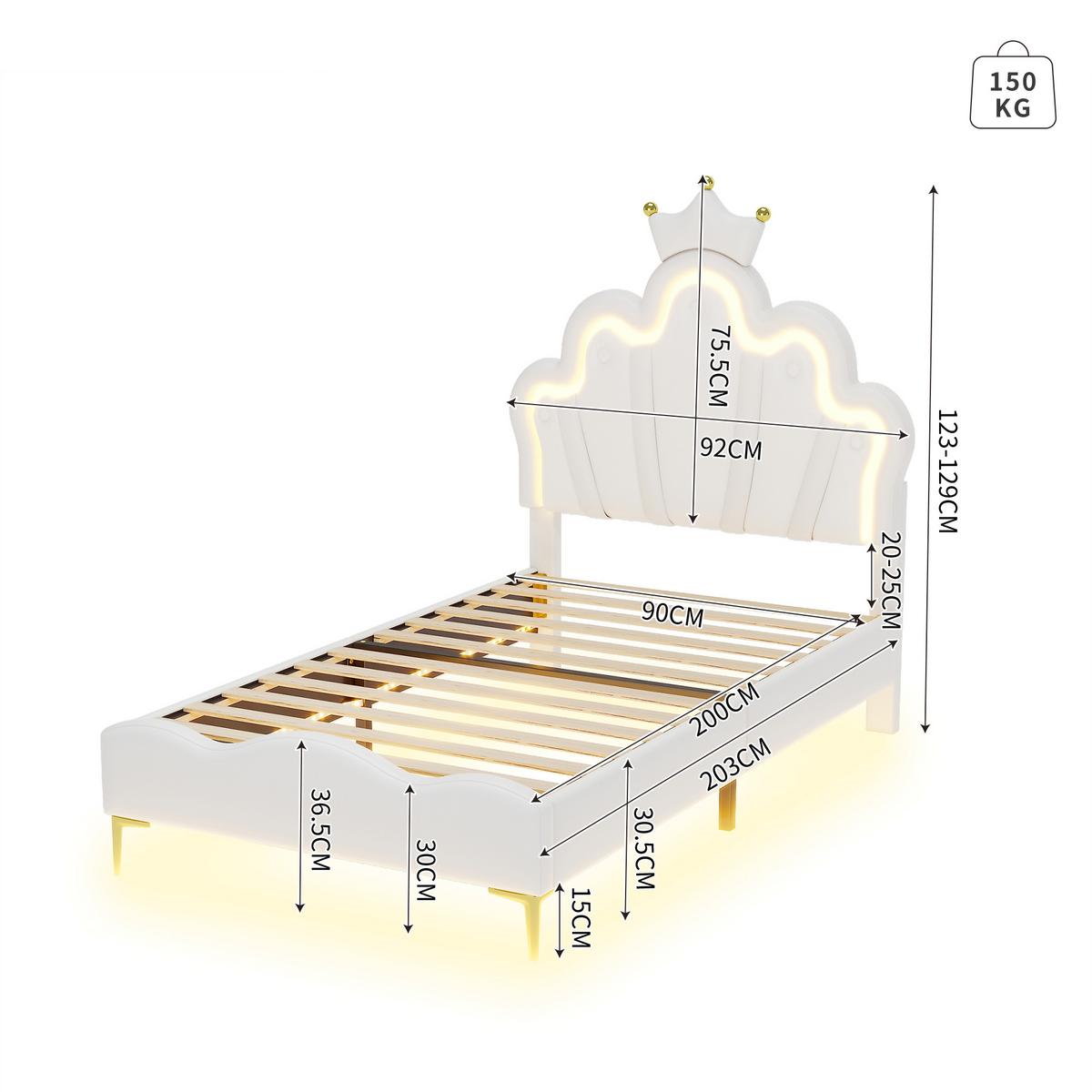 POLSTERBETT pu prinzessinnen design 90x200cm mit led - Weiß, Leder (90/200cm) - Urban Meuble