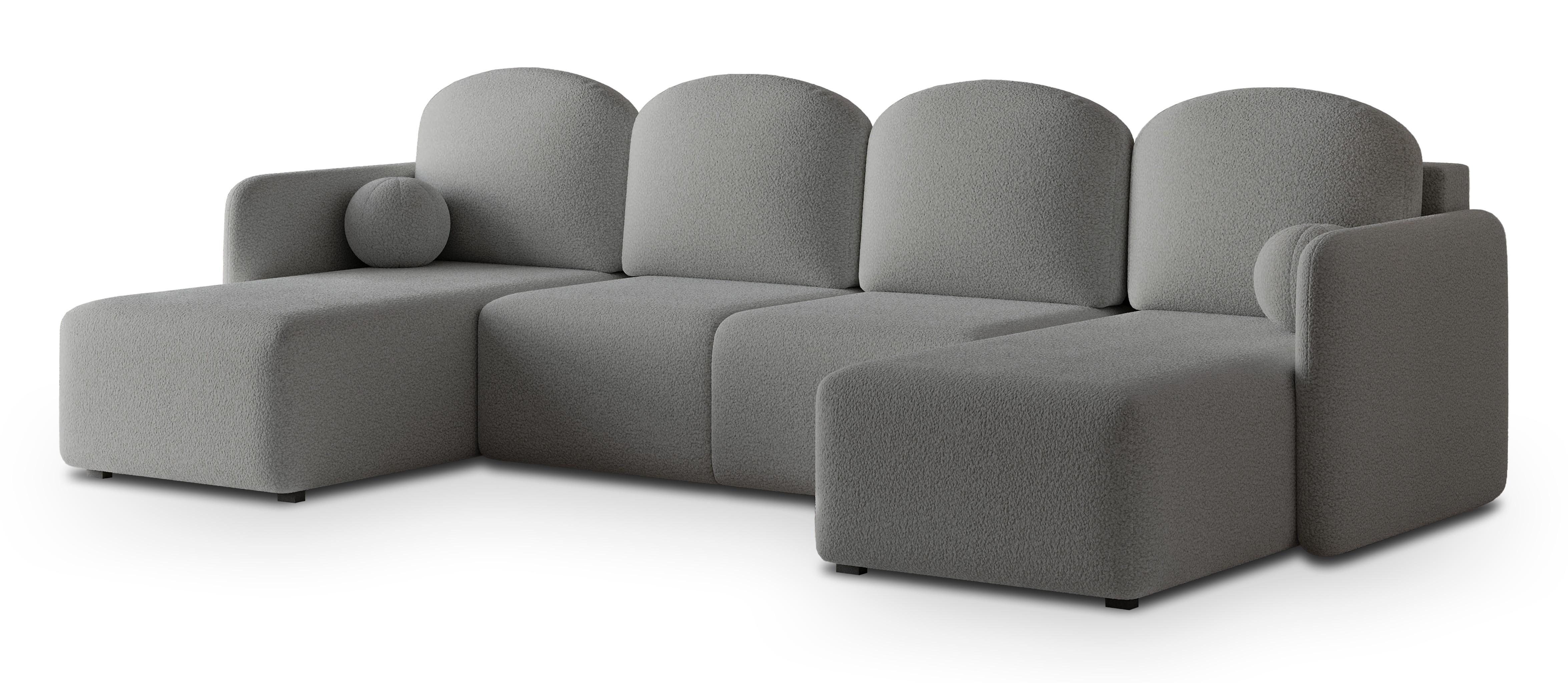 WOHNLANDSCHAFT NUBERO Grau Boucle-Stoff mit Schlaffunktion - Grau, Holz (285/85/143cm) - MASSENO