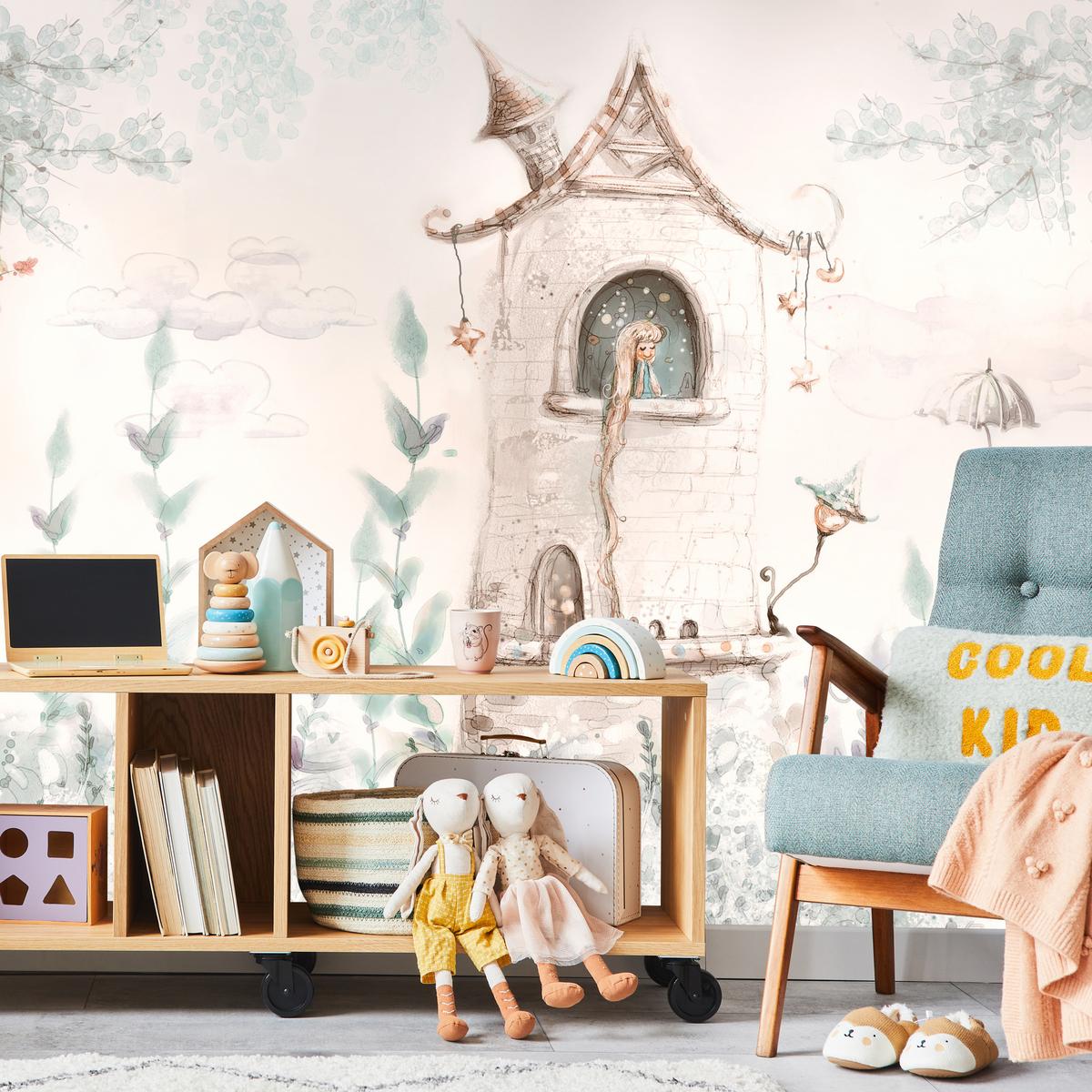 FOTOTAPETE für Kinderzimmer Die Prinzessin im Turm Märchen Pflanzen 100x70 - Beige, Papier (100/70cm) - Muralo