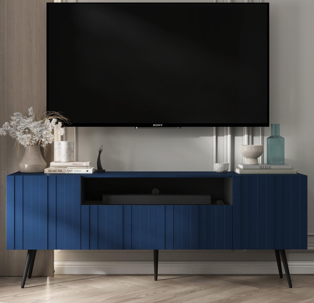 TV-SCHRANK Elpis Marineblau Matt mit Metallbeine Glamour 150 cm - Blau/Schwarz, Holzwerkstoff/Metall (150/60.5/36.5cm) - Meble Lindner