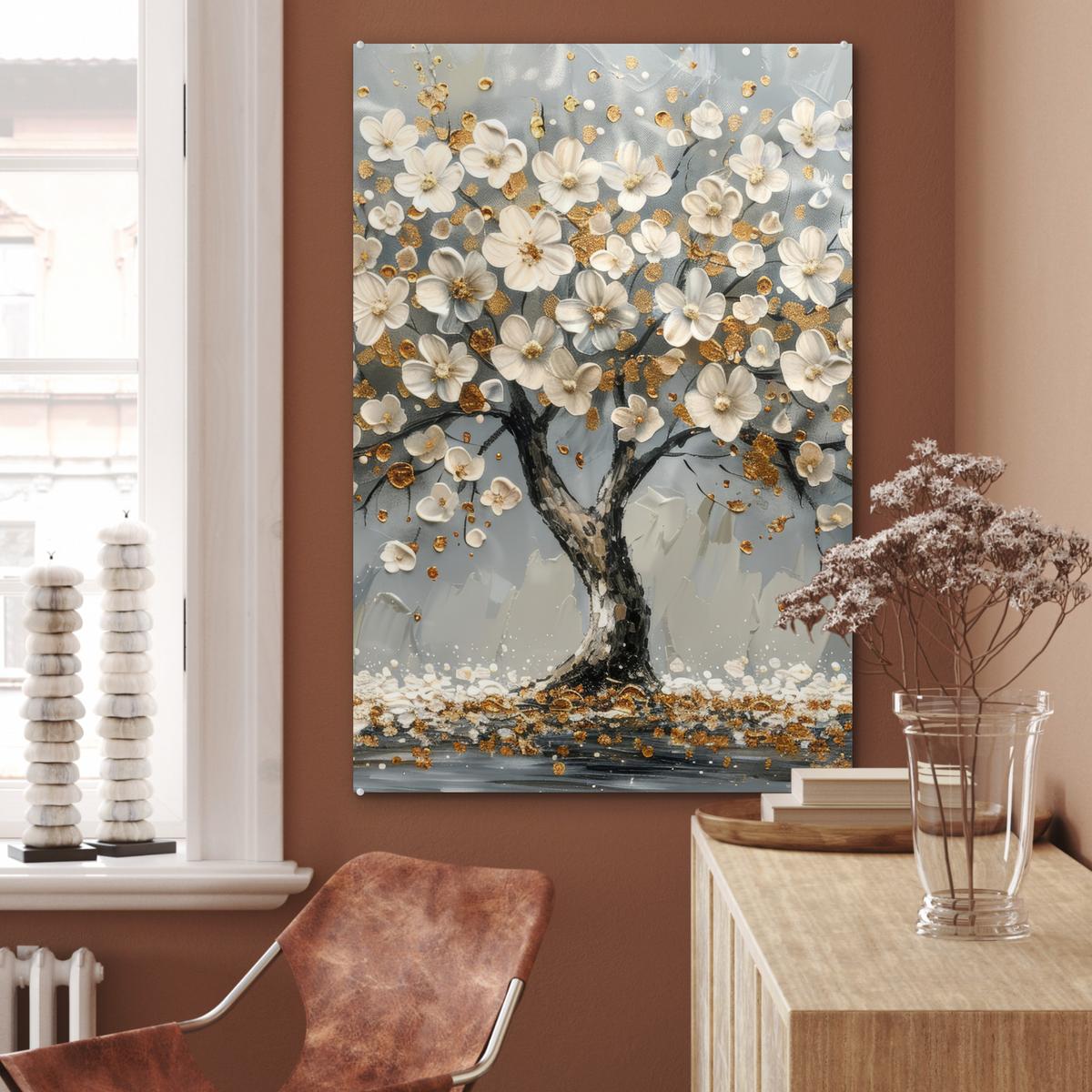 ACRYLGLASBILD Baum - Blumen - Weiß - Natur - Kunst 80x120 cm - Weiß, Glas (80/120cm) - MuchoWow