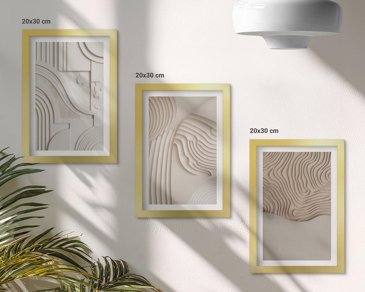 BILDER SET 3er Set - 20x30 cm Goldrahmen - Abstrakte Muster beige weiß - Goldfarben, Kunststoff (20/30cm) - TULUP