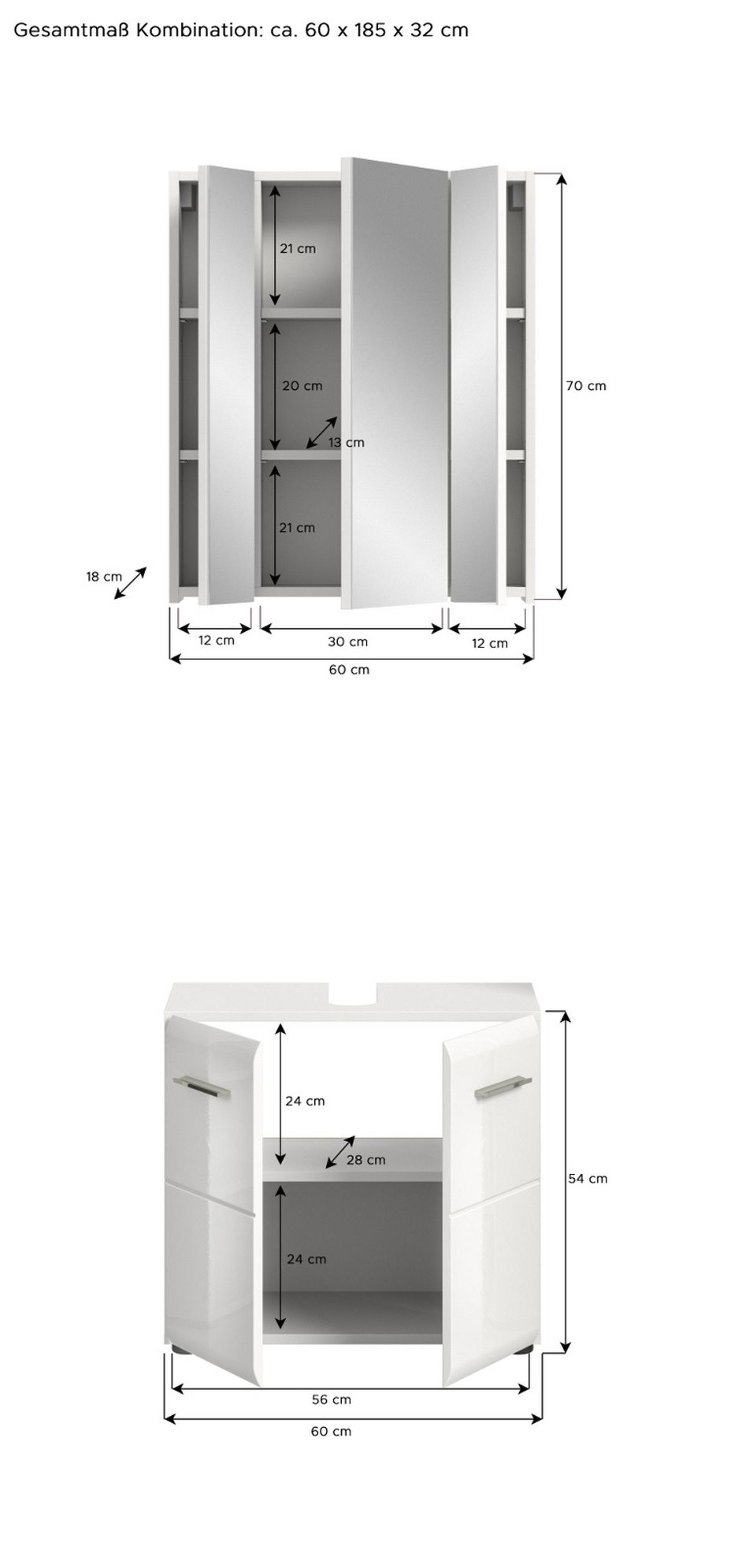 BADMÖBEL-SET weiß Hochglanz 2-teilig, Badkombination 60 cm - Weiß Hochglanz/Silberfarben, Glas/Holzwerkstoff (60/185/30cm) - Inn.Furn