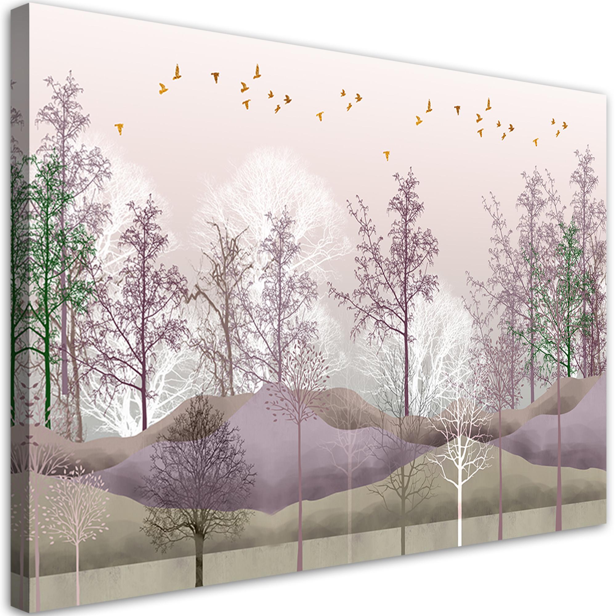 WANDBILD vögel über dem wald - Pink, Textil (60/40cm) - Feeby