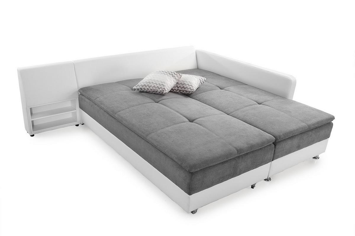 ECKSOFA-DAUERSCHLÄFER Doppelbett Boxspring Federkern Topper, Schwenkteil links B306/T223/H95 cm, Kunstleder Weiß+ Mikrofaser Hellgrau / 15103 - Chromfarben/Hellgrau, Kunststoff/Textil (306/223cm) - luma-home