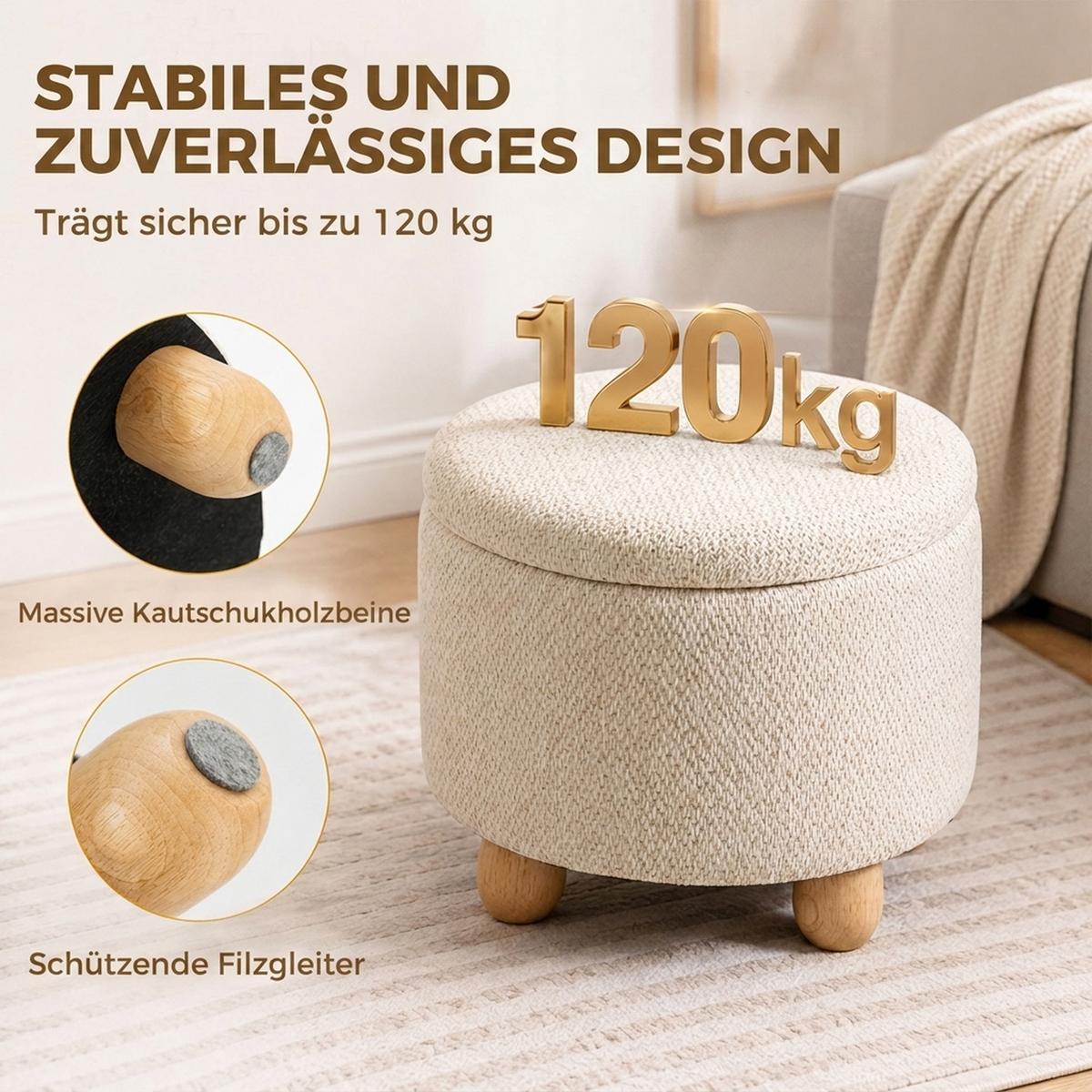HOCKER-MIT-STAURAUM Polyester Beige - Beige, Holz/Textil (38.5/33.5/38.5cm) - HOMCOM