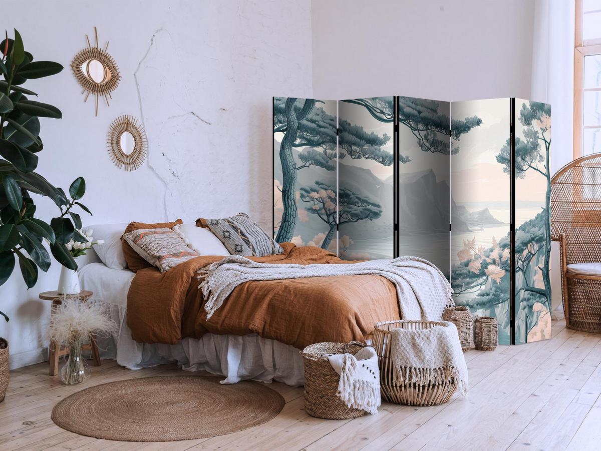 PARAVENT Akustik 5-tlg 225x172 cm Bergküste Landschaft - Grau, Holz/Textil (225/172/3cm) - Muralo