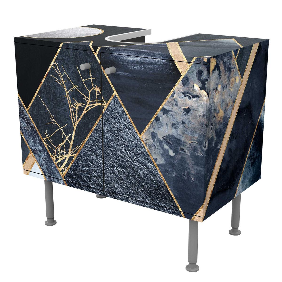 WASCHBECKENUNTERSCHRANK Goldener Mond abstrakte schwarze Berge 60/55/35 cm - Blau, Holzwerkstoff (60/55/35cm) - Bilderwelten