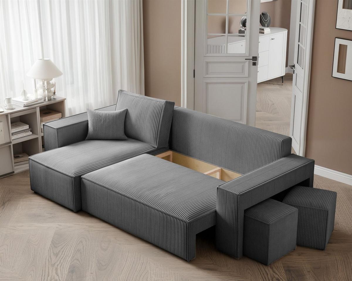 ECKSOFA Adara Inkl. Hocker - Grau, Holzwerkstoff/Textil (262/145cm) - Fun Möbel