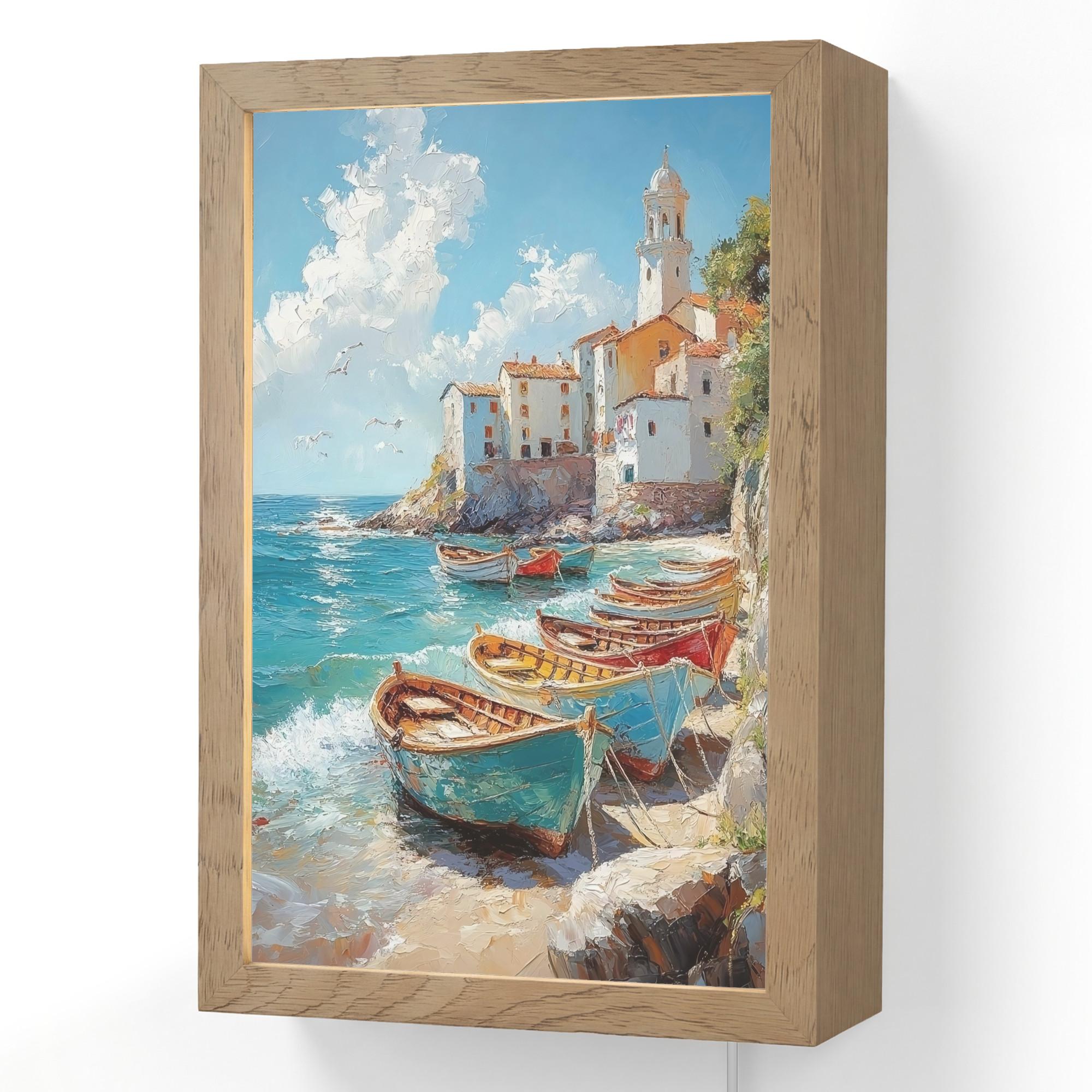 WANDLEUCHTE Boote - Felsen - Meer - Sonne 20x30 cm - Blau, Holzwerkstoff (20/30/8cm) - OnlyWow