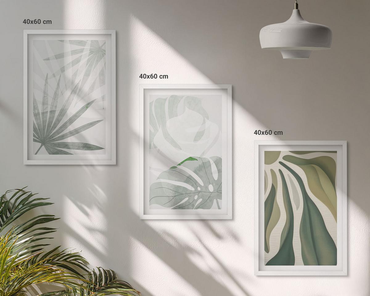 BILDER SET 3er Set - 40x60 cm Weißer Rahmen - Blätter von Pflanzen in Grün und Grau - Weiß, Kunststoff (40/60cm) - TULUP