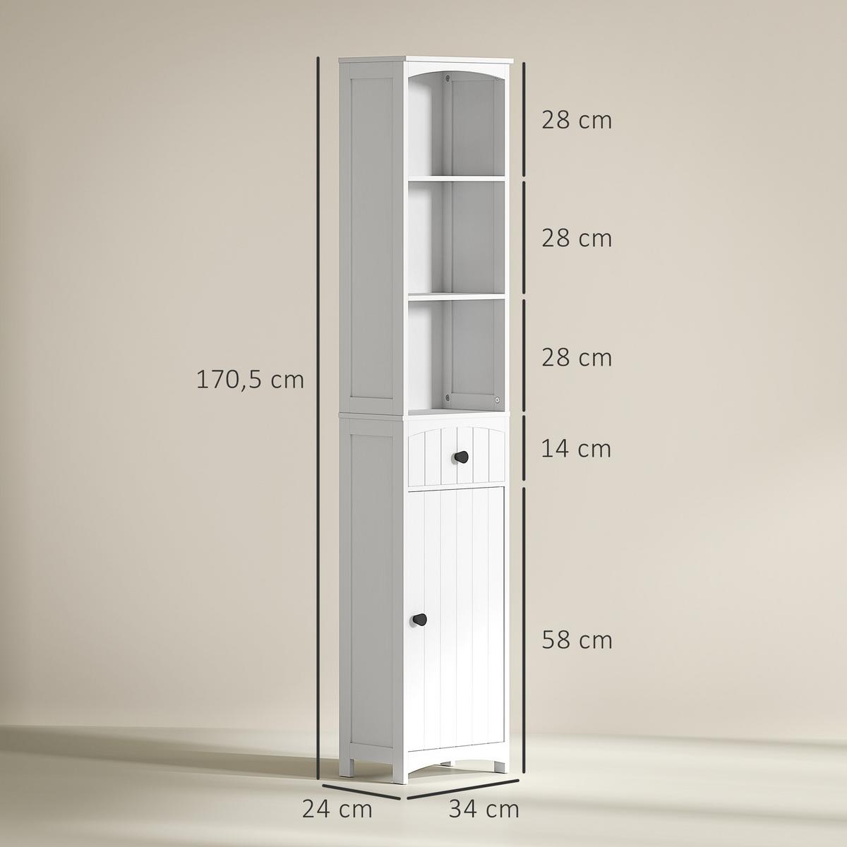 HOCHSCHRANK mit 3 Regalen, 1 Schublade, Weiß, 34x24x170,5cm - Weiß, Holz (24/170.5/34cm) - HOMCOM