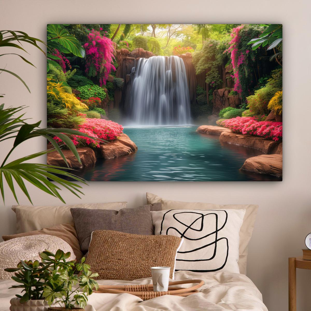 LEINWANDBILD Wasserfall - Natur - Pflanzen - Dschungel - Wasser XXL 150x100 cm - Grün, Textil (150/100cm) - MuchoWow
