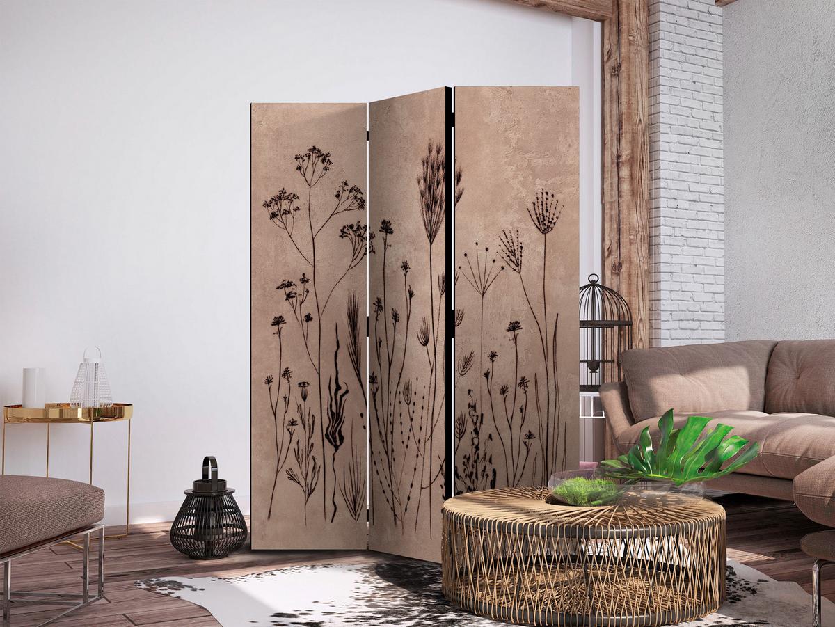 PARAVENT Beidseitig Bedruckter 3-tlg 135x172 cm Wildpflanzen Retro - Braun, Holz/Textil (135/172/3cm) - Muralo