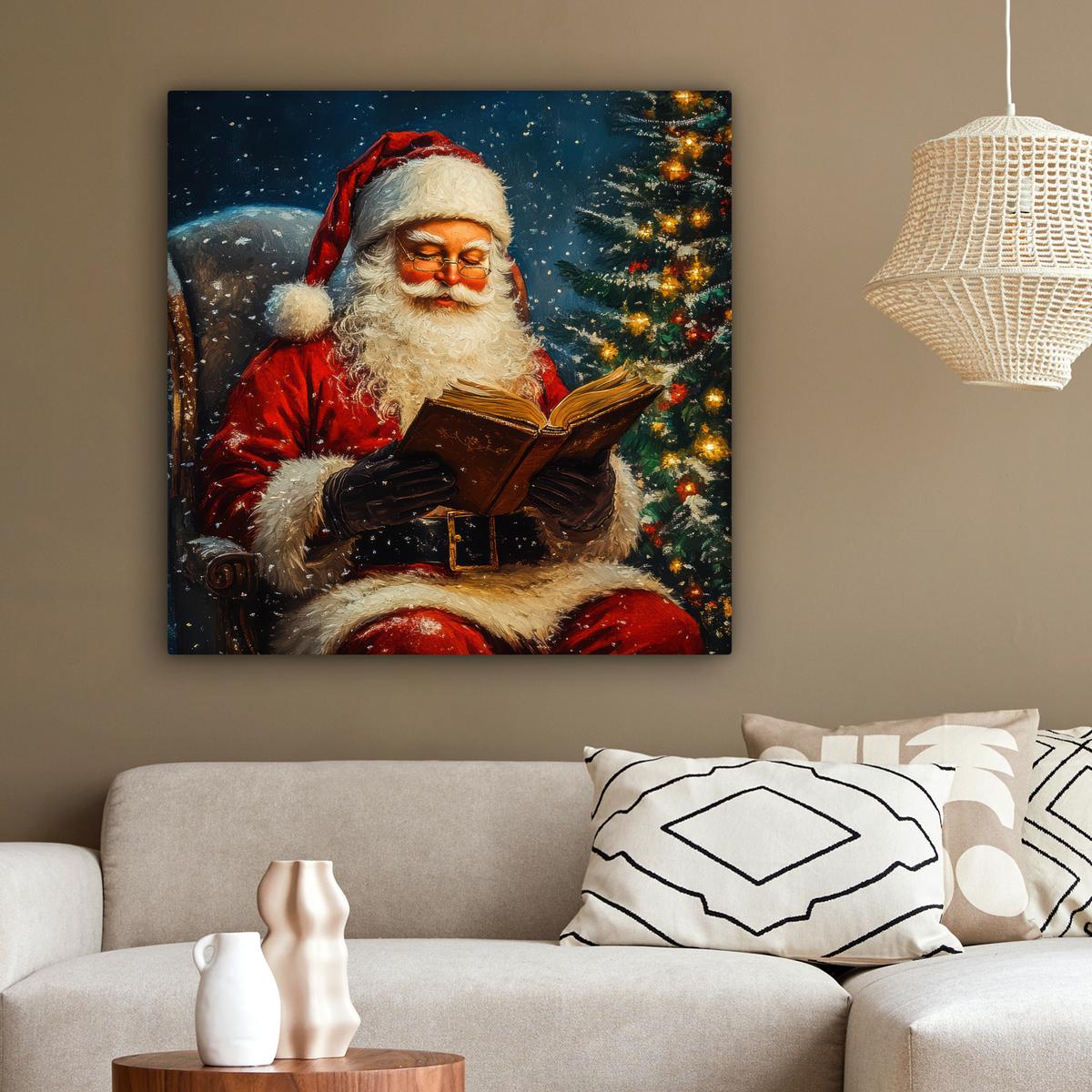 LEINWANDBILD Weihnachtsmann - Weihnachten - Winter - Weihnachtsbaum Deko Groß 90x90 cm - Bordeaux, Textil (90/90cm) - MuchoWow
