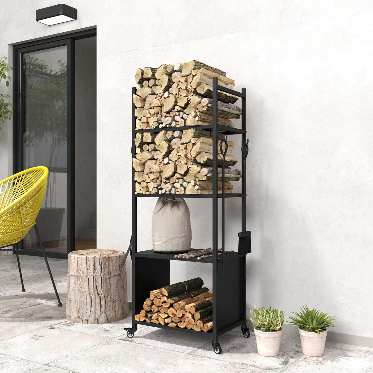 KAMINHOLZREGAL bis 60 kg - Schwarz, Metall (30/118/45cm) - Outsunny