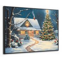 LEINWAND Bilder mit Rahmen - Weihnachten - Weihnachtsbaum - Winter - Zuhause - Schnee - 80x60 - Smaragdgrün, Textil (80/60cm) - MuchoWow