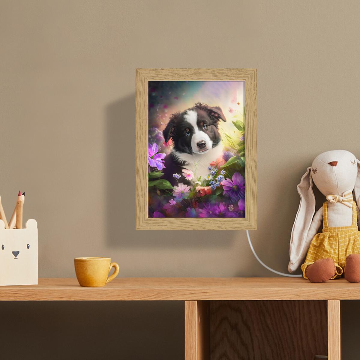 WANDLEUCHTE Welpe - Sonne - Blumen - Natur - Border Collie - Hund 15x20 cm - Violett, Holzwerkstoff (15/20/8cm) - OnlyWow