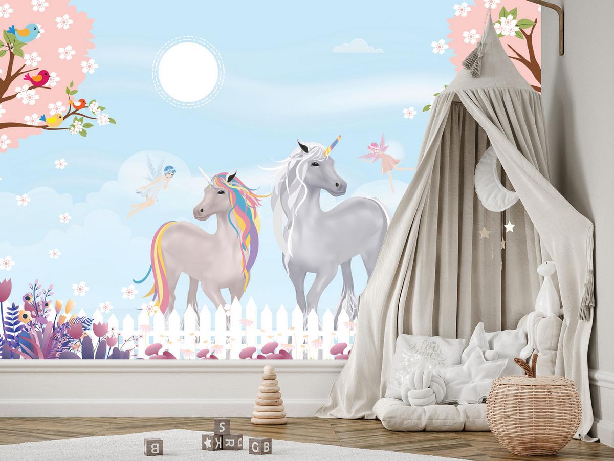 FOTOTAPETE für Kinderzimmer Einhörner Wiese Vögel Bäume Blumen 150x105 - Multicolor, Papier (150/105cm) - Muralo
