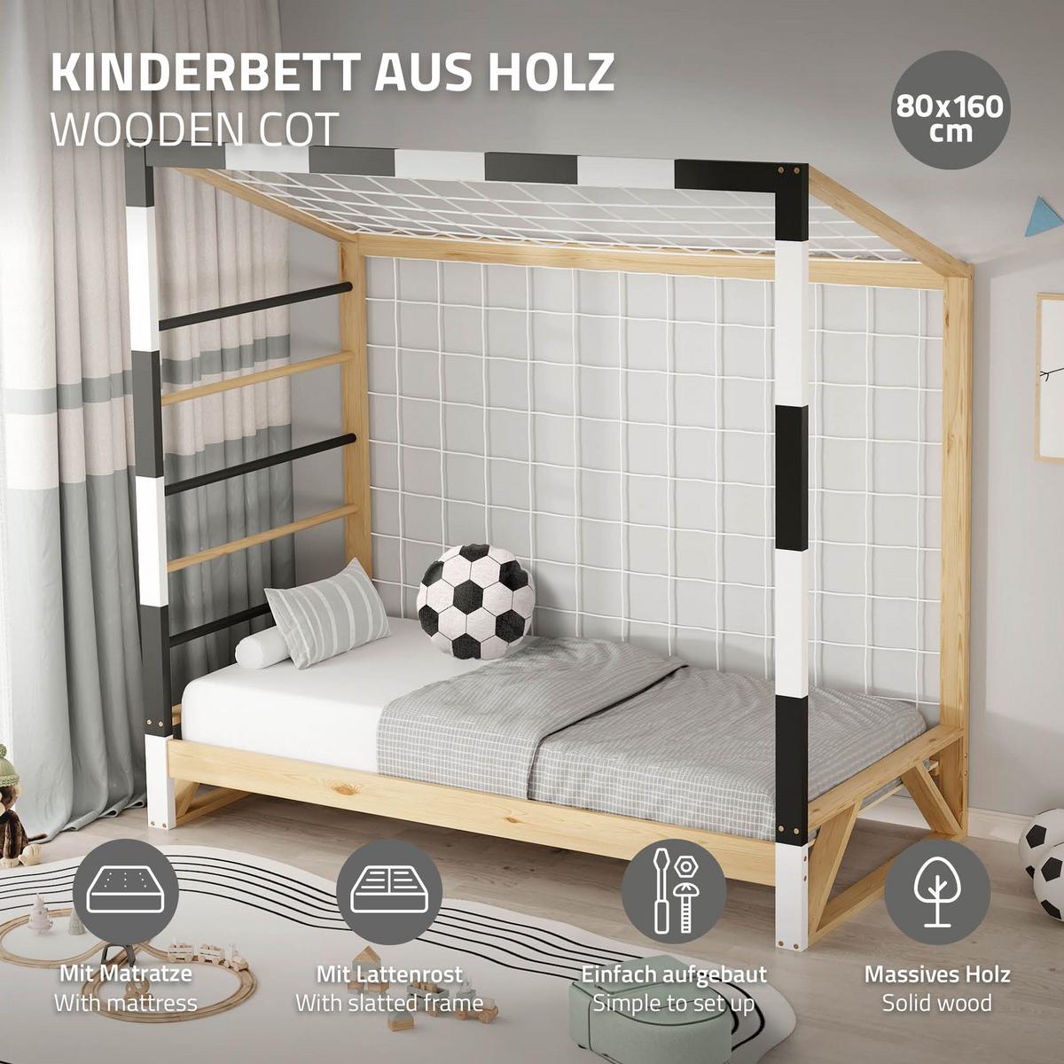 KINDERBETT Fußballtor mit Matratze 80 x 160 cm Schwarz-Weiß Kiefernholz - Naturfarben, Holz (80/170cm) - ML-DESIGN