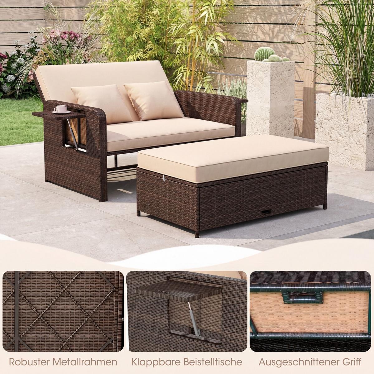 SONNENLIEGE mit Hocker und Stauraum braun - Braun, Metall (166/55/111cm) - COSTWAY