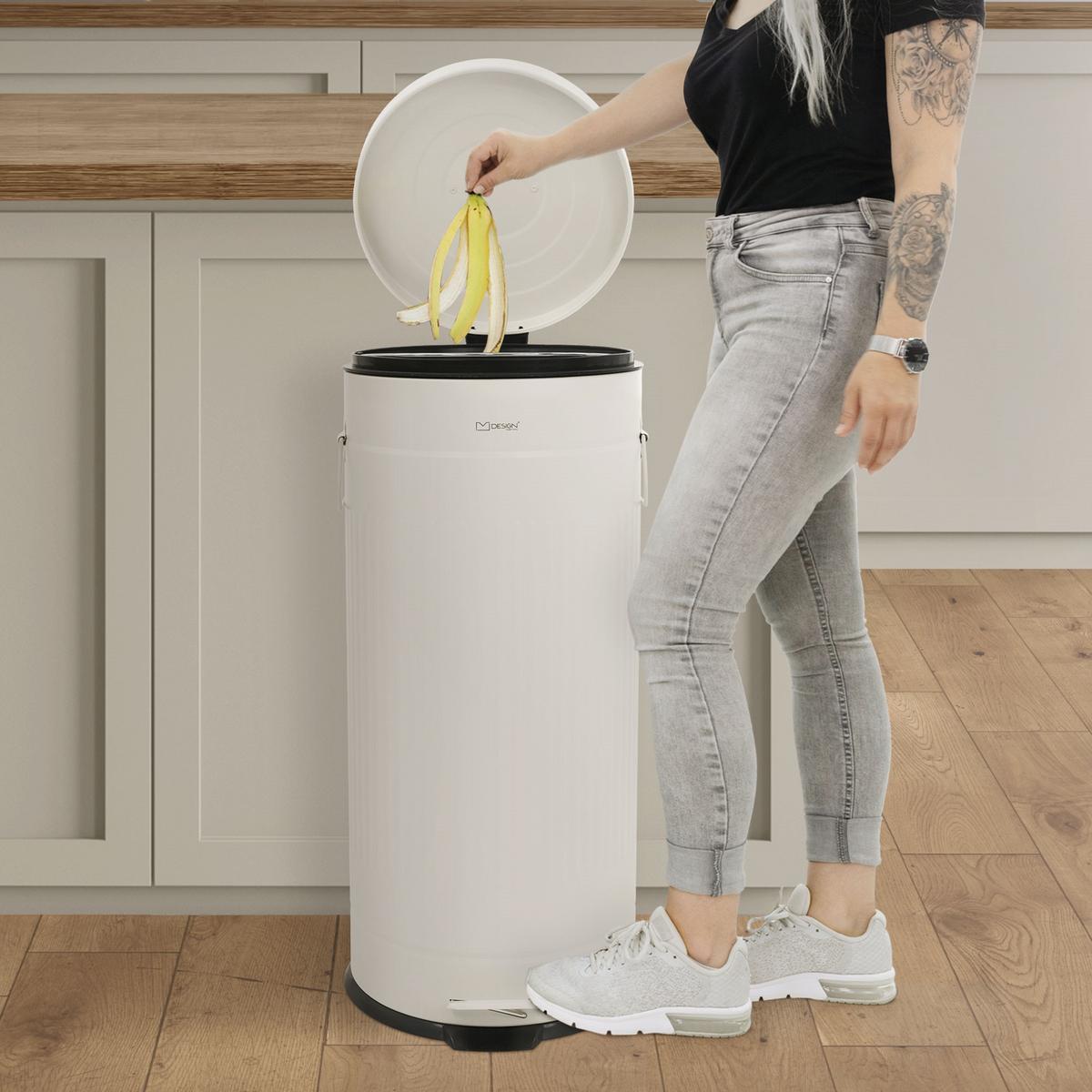 MÜLLEIMER Küche 30L Abfalleimer mit Fußpedal & Softclose-Deckel Beige aus Stahl - Beige, Metall (31/68/37cm) - ML-DESIGN